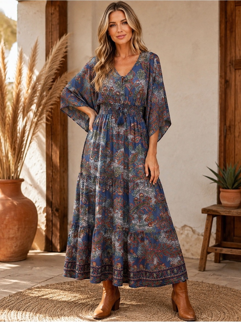 Anthropologie Blue Paisley Tiered Maxi Dress